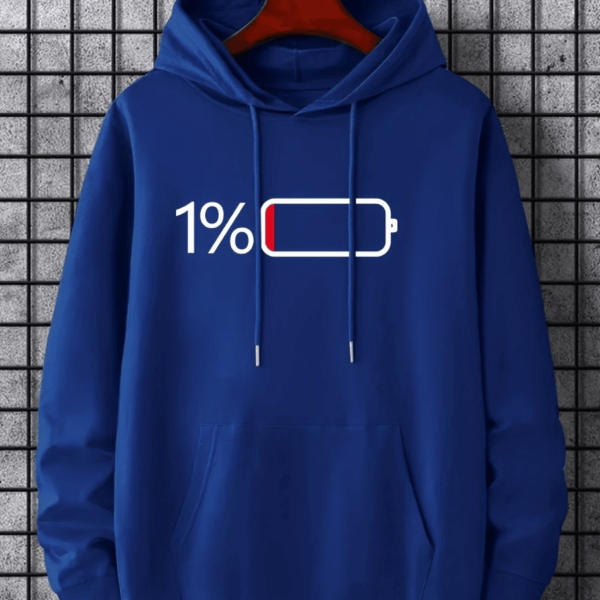 Battery Low Graphic Hoodie - Blue Ultra-Soft and Cozy Mens Casual Pullover Hooded Sweatshirt with Spacious Kangaroo Pocket for Storage - Perfect for Spring and Fall Seasons, Ideal Gift for Friends and Family