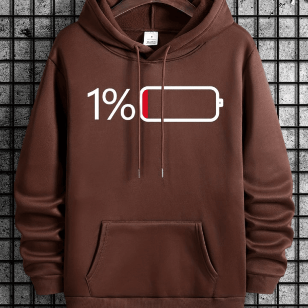 Battery Low Graphic Hoodie - Brown Ultra-Soft and Cozy Mens Casual Pullover Hooded Sweatshirt with Spacious Kangaroo Pocket for Storage - Perfect for Spring and Fall Seasons, Ideal Gift for Friends and Family