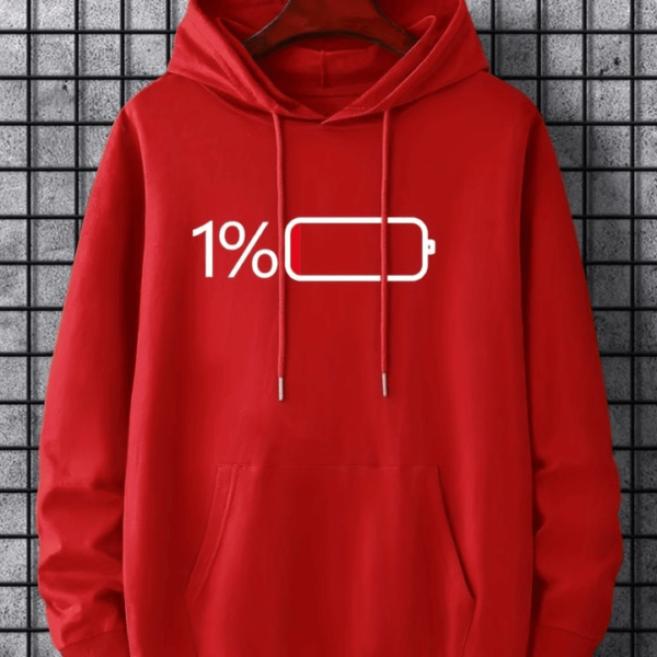 Battery Low Graphic Hoodie - Red Ultra-Soft and Cozy Mens Casual Pullover Hooded Sweatshirt with Spacious Kangaroo Pocket for Storage - Perfect for Spring and Fall Seasons, Ideal Gift for Friends and Family