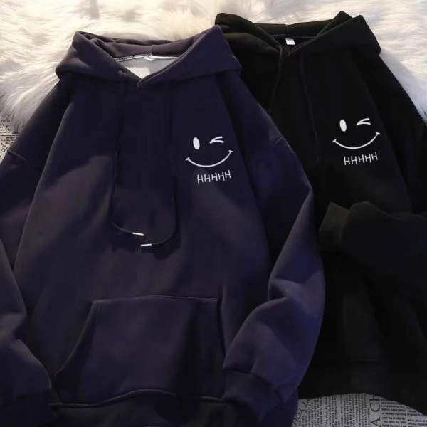 Black And Blue Hoodie Jacket for men & women Smiley face print Long Sleeve No Zipper Fashion Hooded Sports Jacket