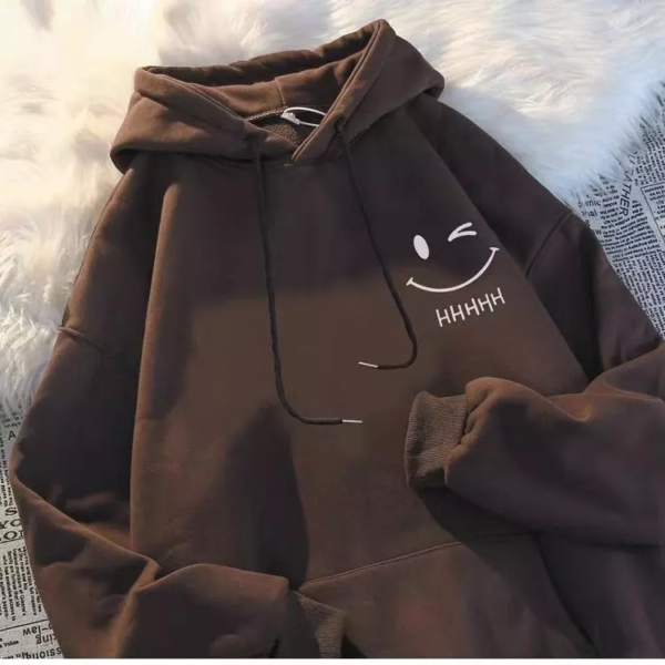 Brown Hoodie Jacket for men & women Smiley face print Long Sleeve No Zipper Fashion Hooded Sports Jacket