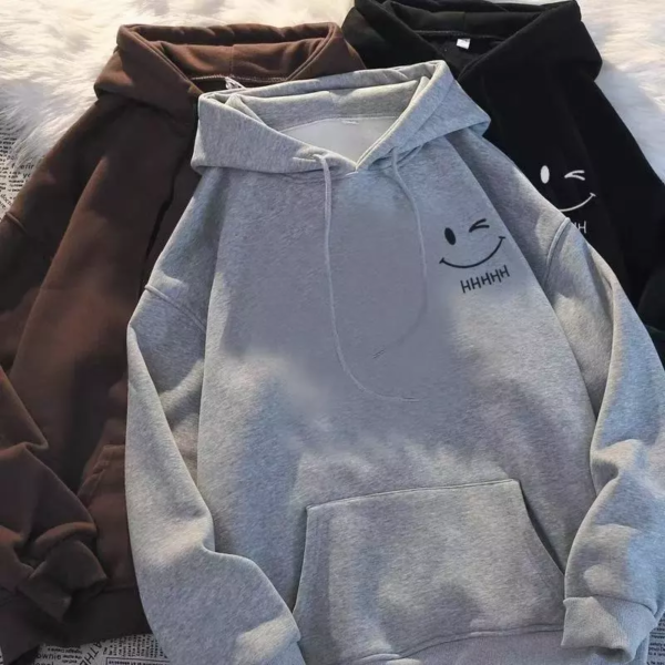 Grey Hoodie Jacket for men & women Smiley face print Long Sleeve No Zipper Fashion Hooded Sports Jacket