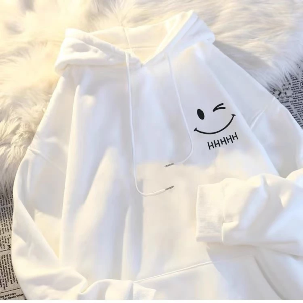 White Hoodie Jacket for men & women Smiley face print Long Sleeve No Zipper Fashion Hooded Sports Jacket