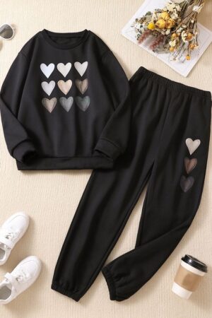 Girls Heart Print Pullover & Sweatpants Set