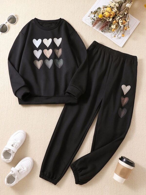 Girls Heart Print Pullover & Sweatpants Set